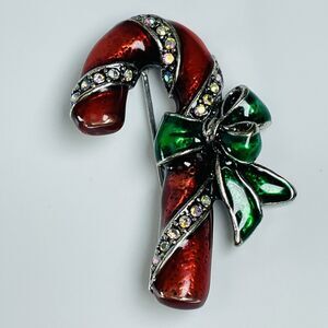 Vintage OTC Signed Red Green Enamel Candy Cane Christmas Brooch Pin Rhinestones